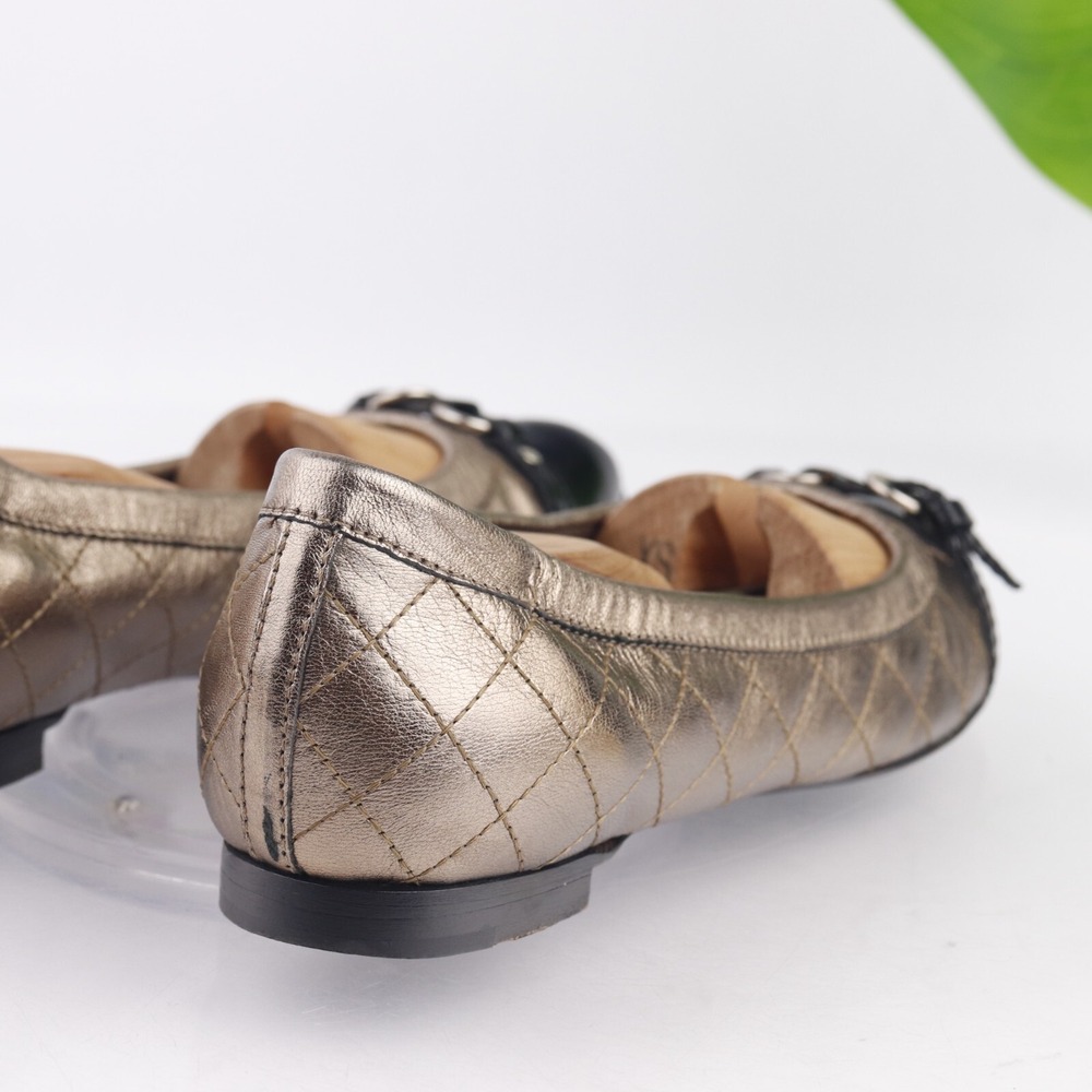 AGL Womens Ballet Flats Size 39 9 Quilted Bronze Gold Leather Black Cap Toe Shoe - Picture 6 of 14